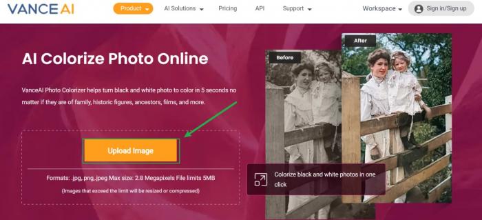 homepage of VanceAI Photo Colorizer