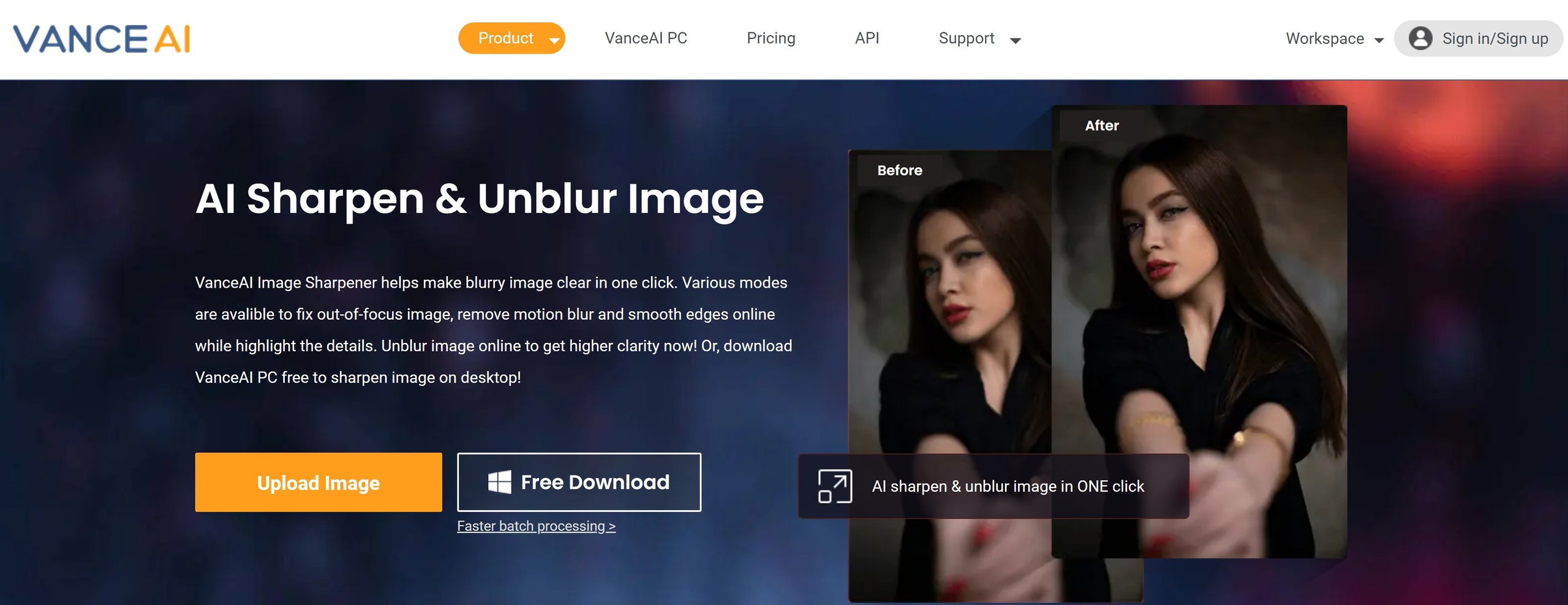 VanceAI Image Sharpener home screen