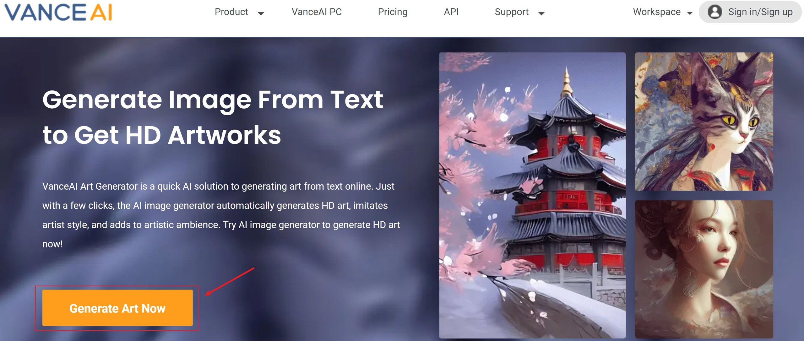 VanceAI Art Generator home page