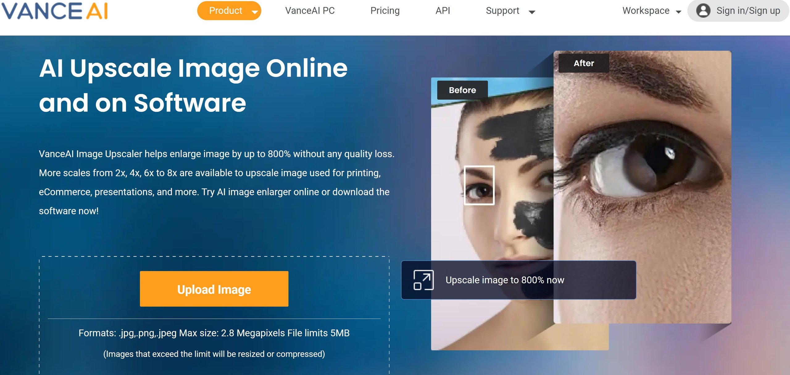 VanceAI Image Upscaler home page