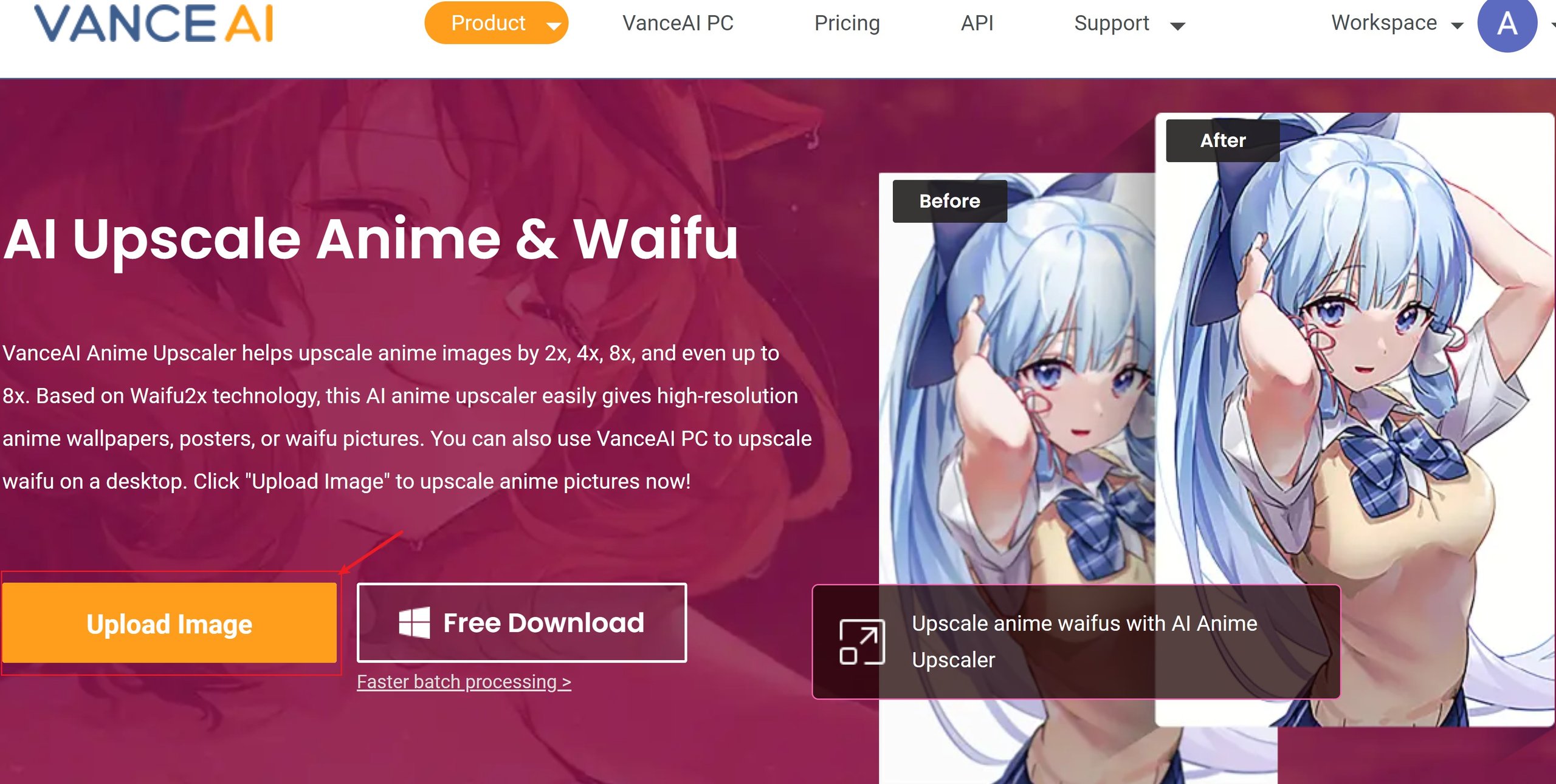 VanceAI Anime Upscaler home page