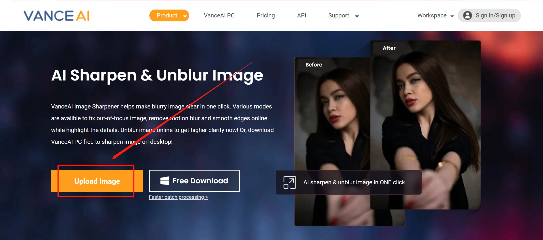 home page of VanceAI Image Sharpener