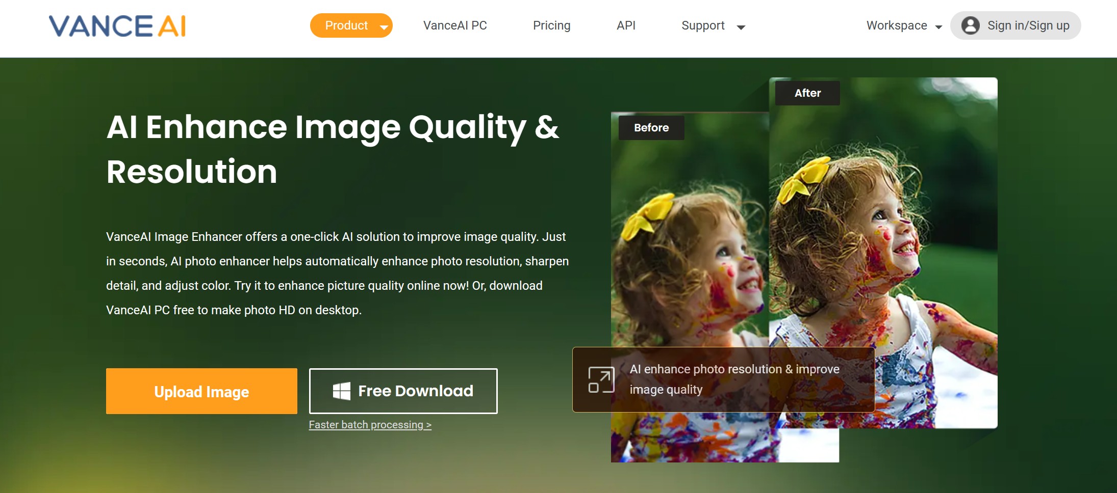 home page of vanceai image enhancer
