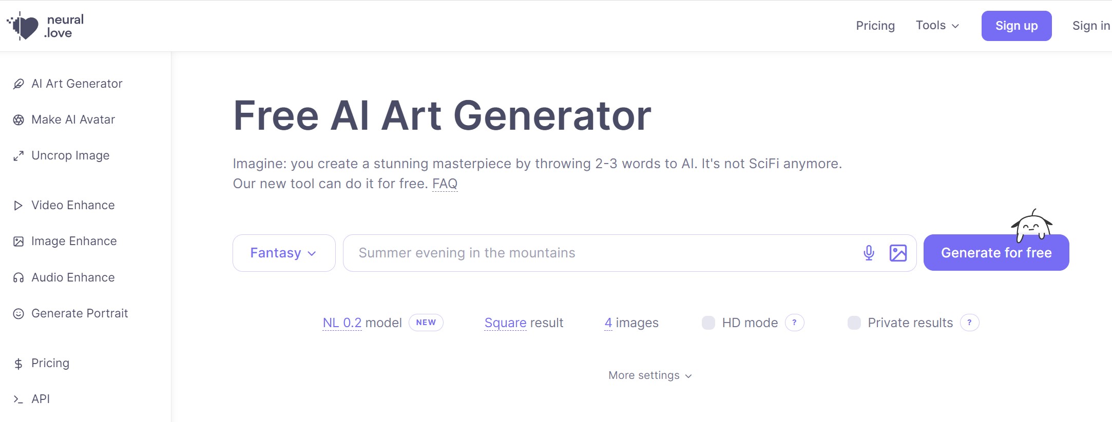 Neural love Free AI Art Generator page